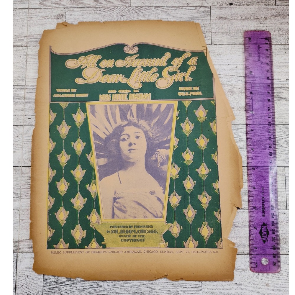 1901 All on Account of a Dear Little Girl Sheet Music Art Nouveau Kittie Bingham